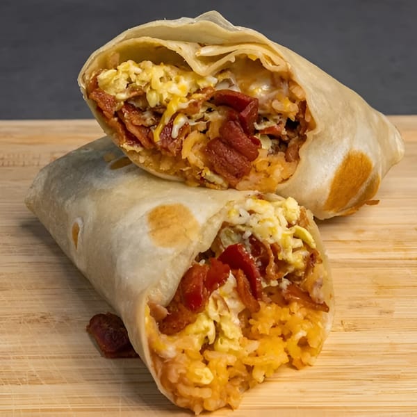 Two halves of a breakfast burrito filled with scrambled eggs, bacon, and rice on a wooden board.